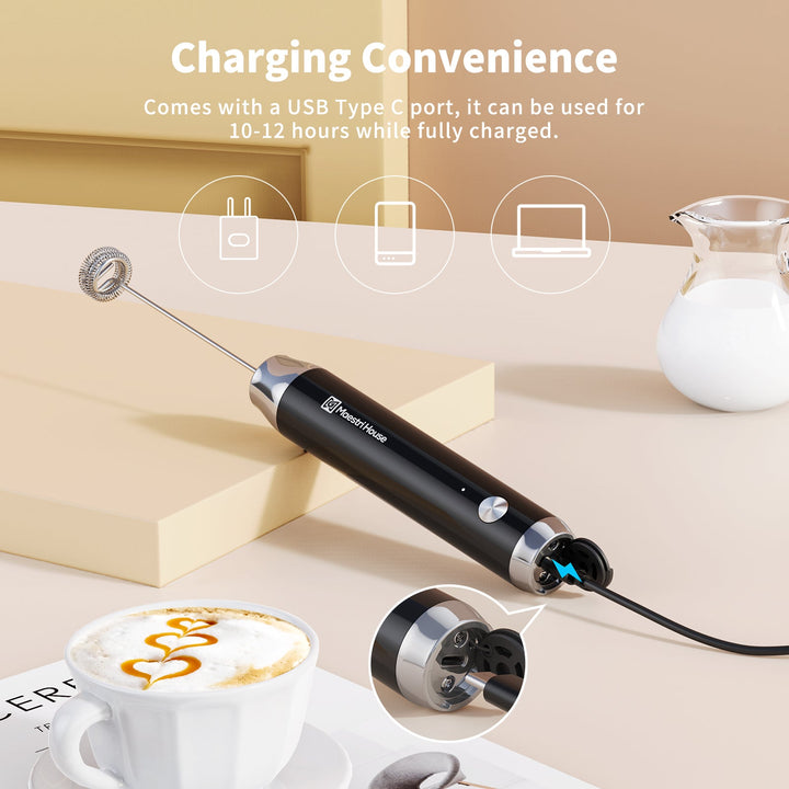 Electric Milk Frother Handheld White USB Rechargeable Drink Mixer  Detachable